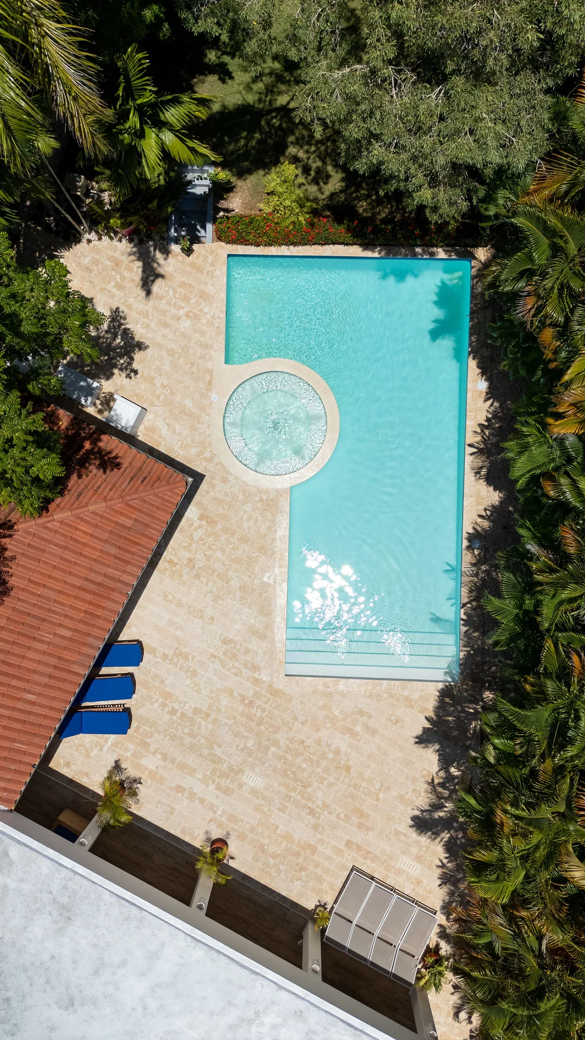 Aerial view of the private pool, integrated circular jacuzzi and surrounding mature tree canopy
