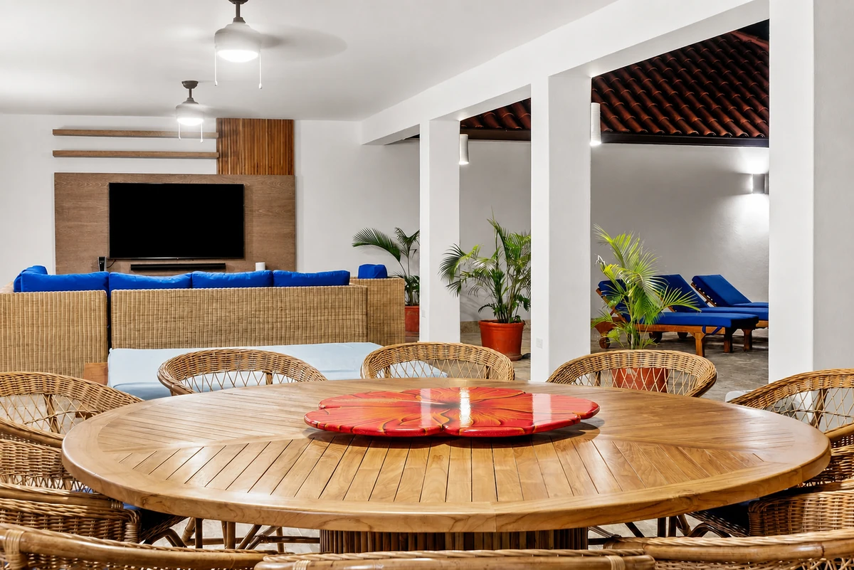 Round outdoor dining table beneath the deep covered terrace beside the pool